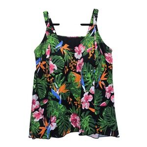 D&Co Beach Women 24W Swim Tankini Top Tropical‎ Floral Hibiscus Padded Vacation